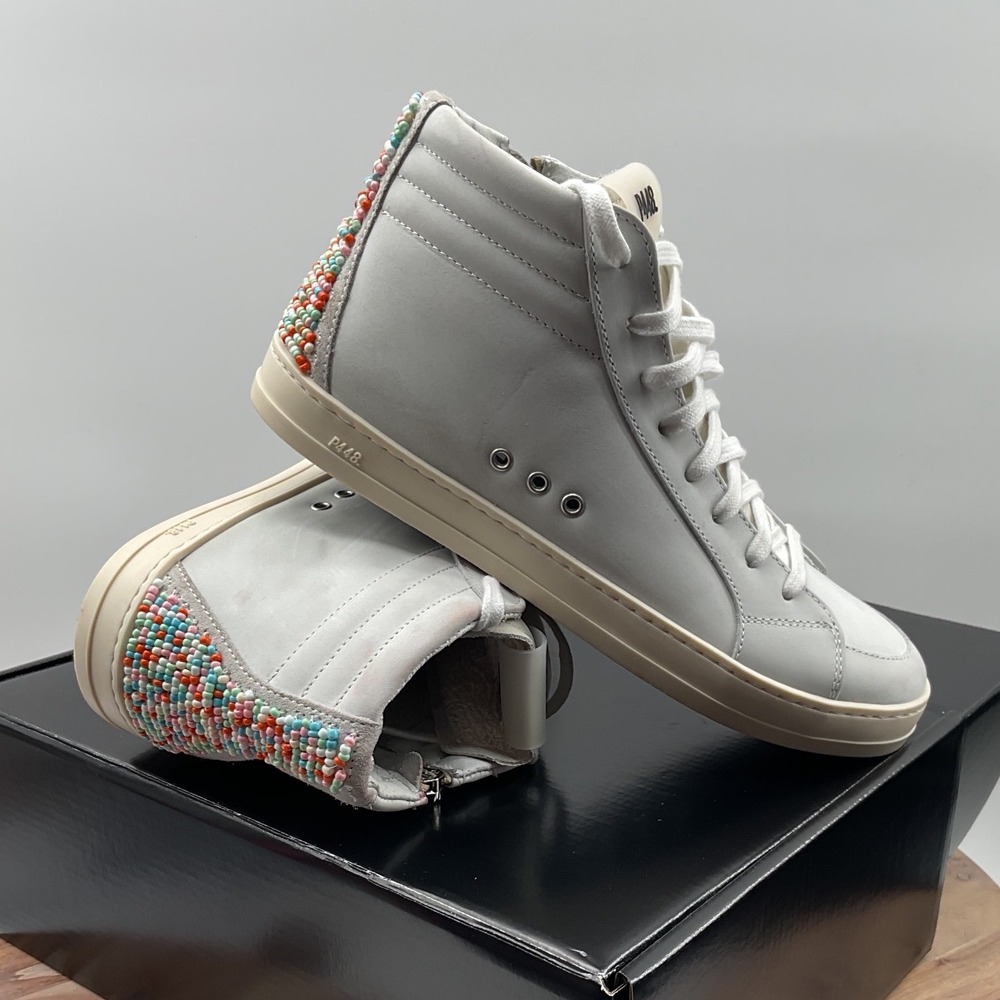 P448 Skate Pearl Beaded High Top Sneakers Grey Leather Side Zip Women 38